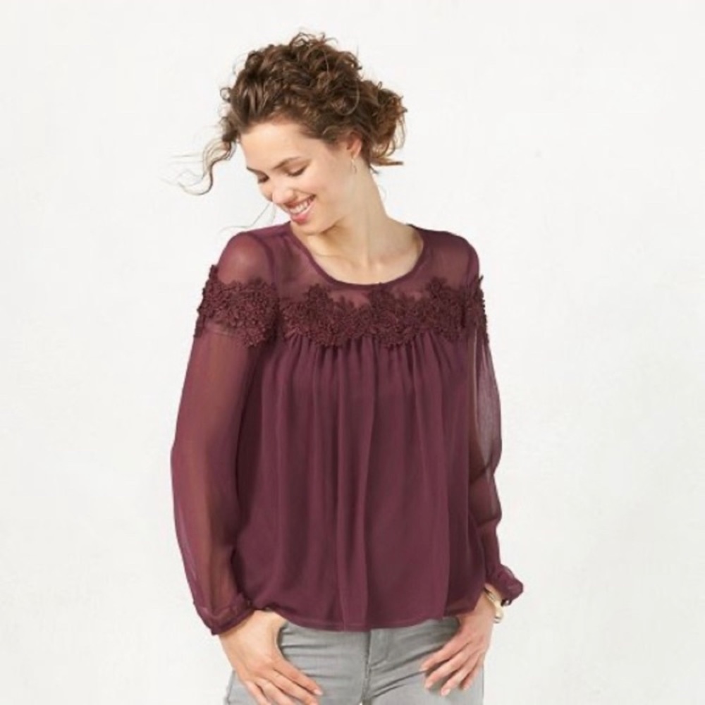 LC Lauren Conrad Burgundy Sheer Blouse